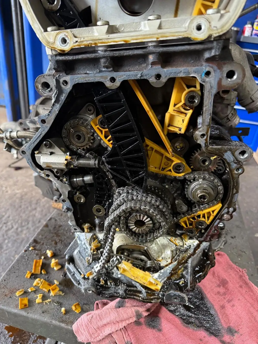 Engine bay of a car being serviced