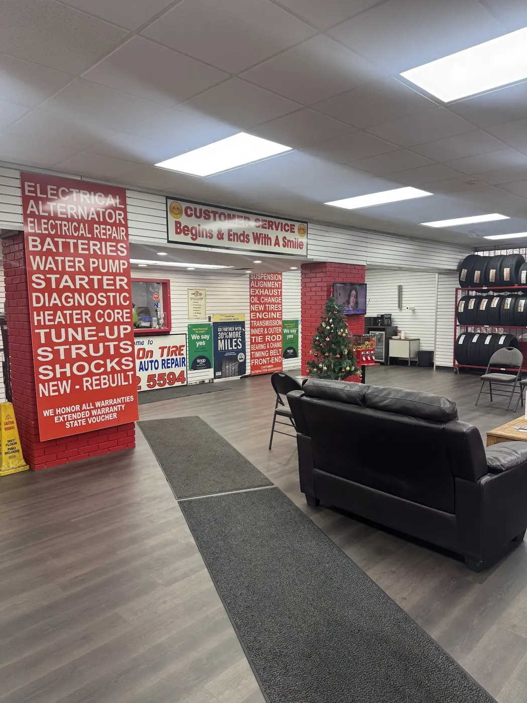 The waiting area with tires on display
